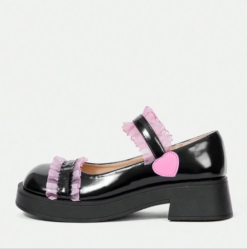 Black Mary Jane Shoes with Pink Ruffle